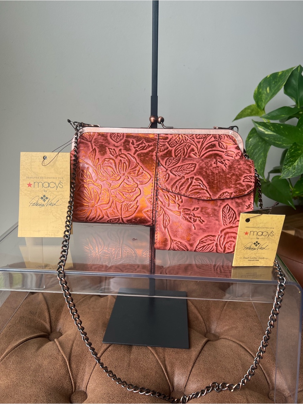 Patricia Nash 2pc Embossed Floral Chain Clutch w/ Matching Wallet in Burnt Coral